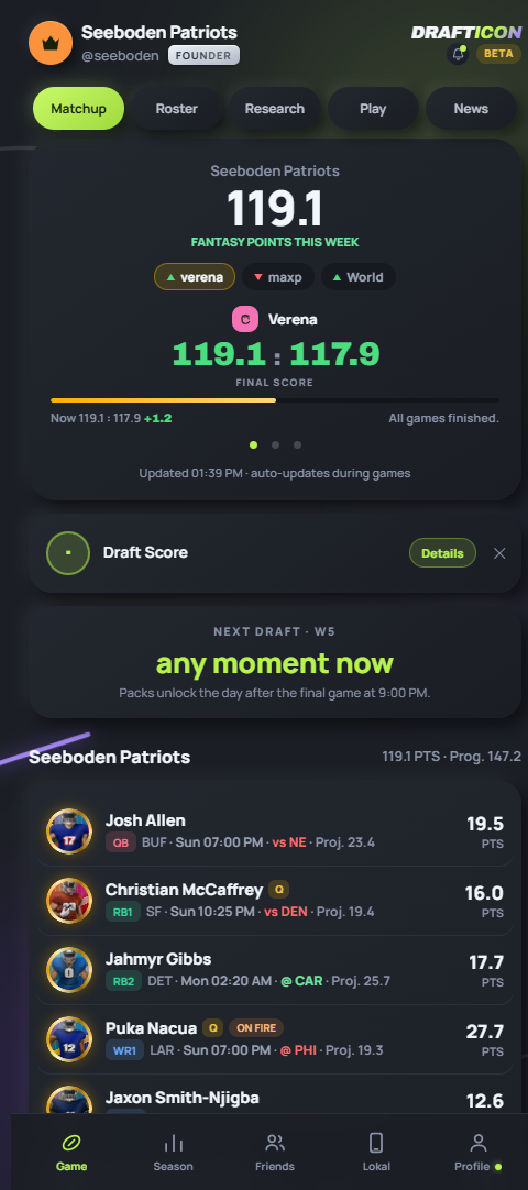 Home screen with the live duel against a rival, the rival chips on top and the lineup below