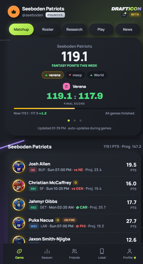Matchup screen: 119.1 to 117.9 against a rival, with the points of every starter