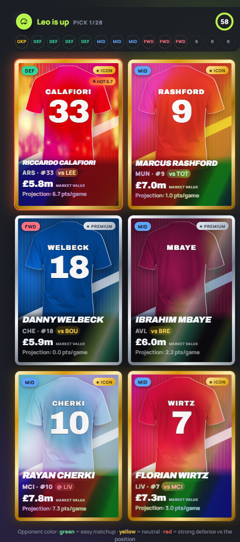 A pack in DraftIcon PL: six Premier League players to pick from, in club colours with their shirt numbers