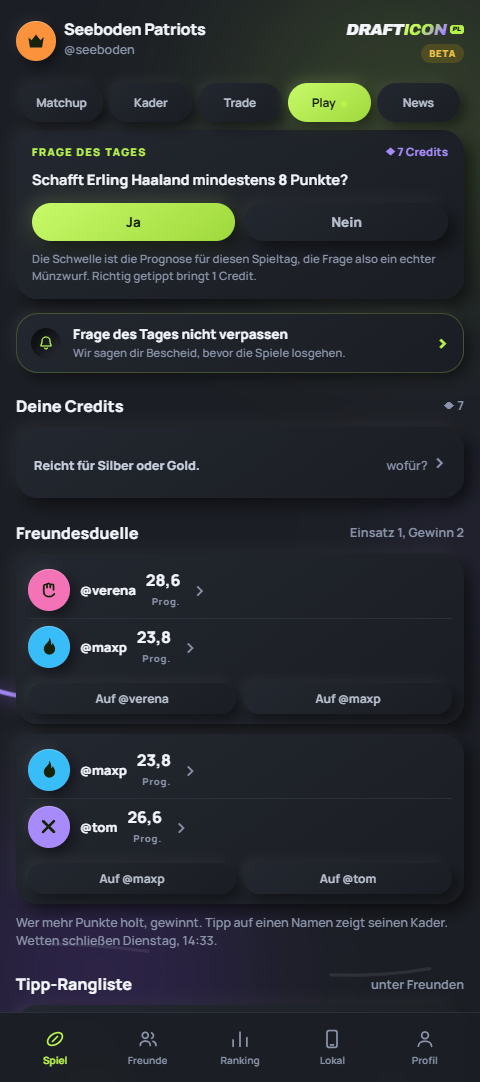 Play-Tab: Frage des Tages, Freundes-Duelle und Tipp-Rangliste