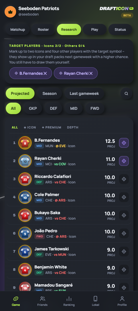 Research tab ranking the Premier League player pool by projection