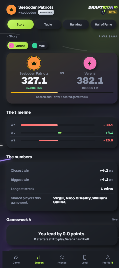 Rival saga in DraftIcon PL with the season duel, the gameweek timeline and the closest and biggest wins