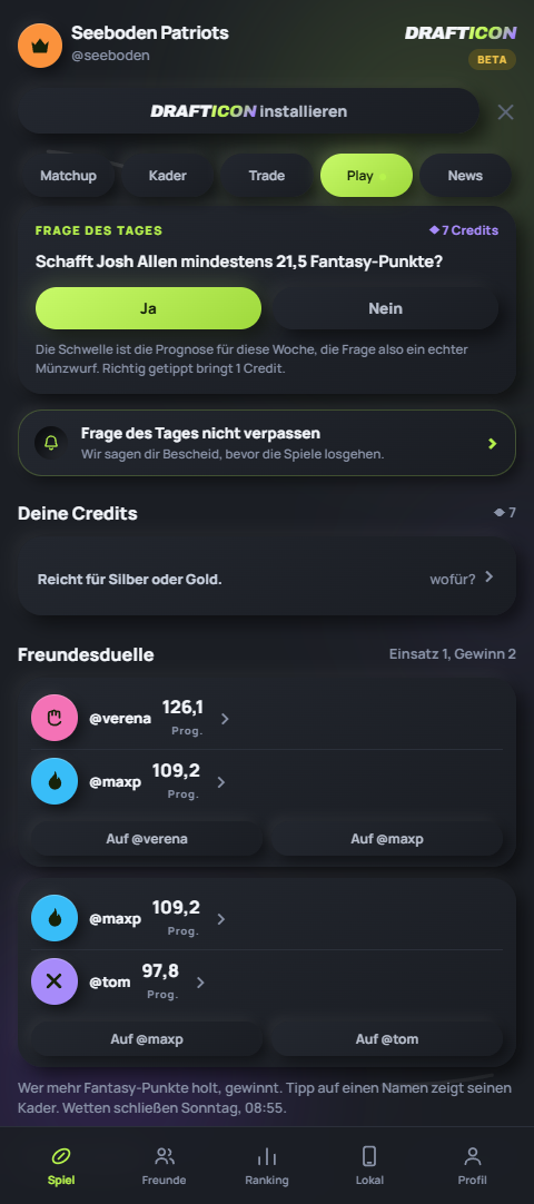 Play-Tab: Frage des Tages, Freundes-Duelle und Tipp-Ranking