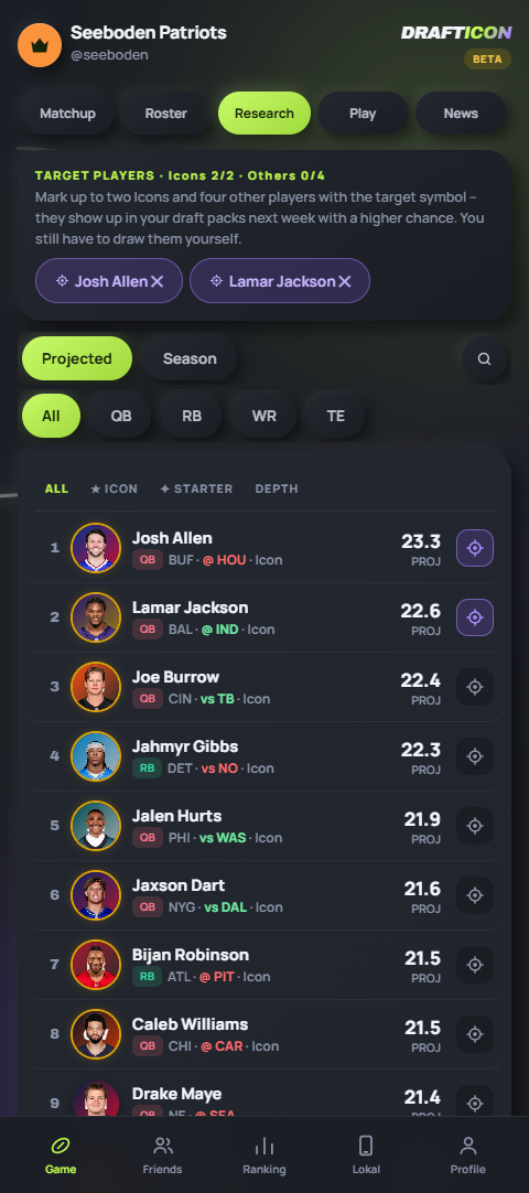 Research tab with player leaderboard, search and purple target players