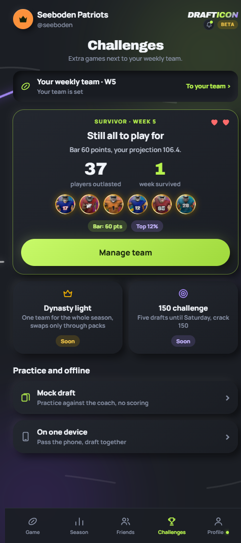 Challenges tab with the Survivor card: bar 60, projection 106.4, 37 players outlasted and a Top 12% placing